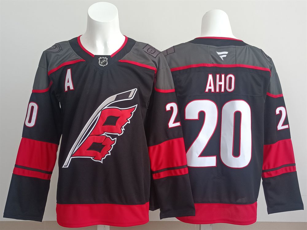 Men 2025 Carolina Hurricanes #20 Aho Black Fanatics Home Premium NHL Jersey style 1